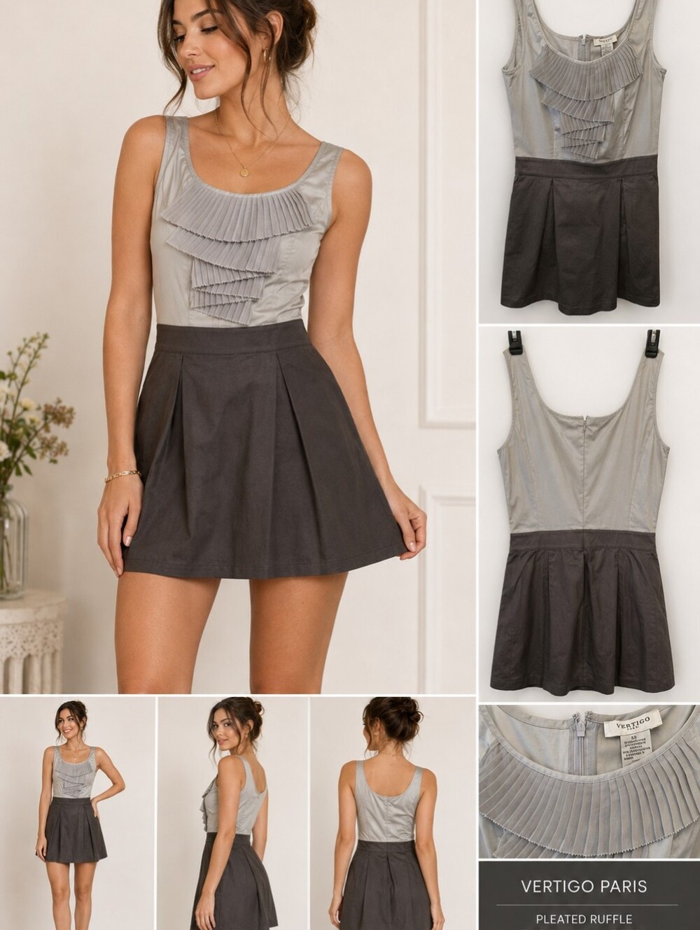 Vertigo Paris NWT Pleated Ruffle Two-Tone Mini Dress XS Silver Black
